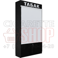 Шкаф для продажи электронных сигарет с рулонной шторкой и семью уровнями полок с тумбой распашные дверки в закрытом состоянии
