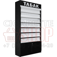 Шкаф для продажи электронных сигарет с рулонной шторкой и семью уровнями полок с тумбой распашные дверки в открытом состоянии