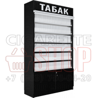 Шкаф для электронных сигарет с рулонной шторкой и шестью уровнями полок с тумбой распашные дверки в открытом состоянии