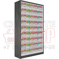 Шкаф с синхронизированными дверями для продажи электронных сигарет с девятью уровнями полок в открытом состоянии