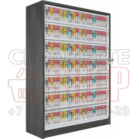 Шкаф с синхронизированными дверями для электронных сигарет с семью уровнями полок в открытом состоянии