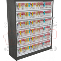 Торговый шкаф с синхронизированными дверями для электронных сигарет с шестью уровнями полок в открытом состоянии
