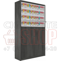 Шкаф с синхронизированными дверями для продажи электронных сигарет с четырьмя уровнями полки и высокой тумбой в открытом состоянии