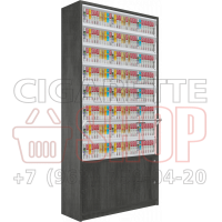 Шкаф с синхронизированными дверями для электронных сигарет с восемью уровнями полки и подтоварной тумбой с выдвижными ящиками в открытом состоянии