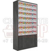 Шкаф с синхронизированными дверями для реализации электронных сигарет с семью уровнями полки и подтоварной тумбой с выдвижными ящиками в открытом состоянии