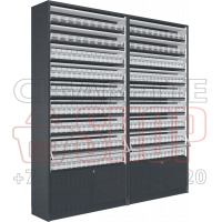 Табачный шкаф тандем с девятью уровнями полок с синхронными створками и тумбой в открытом состоянии