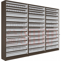 Шкаф тройной тандем для продажи сигарет с одиннадцатью уровнями полок с синхронными створками в открытом состоянии