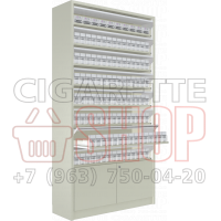 Шкаф для сигарет с восьмью уровнями полок с синхронными створками и тумбой в открытом состоянии