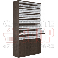 Шкаф для сигарет с семью складными дверками с накопительной тумбой с двумя выдвижными ящиками в открытом состоянии
