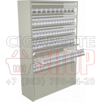 Табачный шкаф с шестью уровнями полок с синхронными створками и тумбой в открытом состоянии